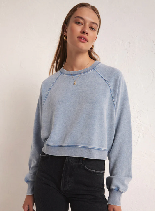 Z Supply Crop Out Knit Denim Sweatshirt